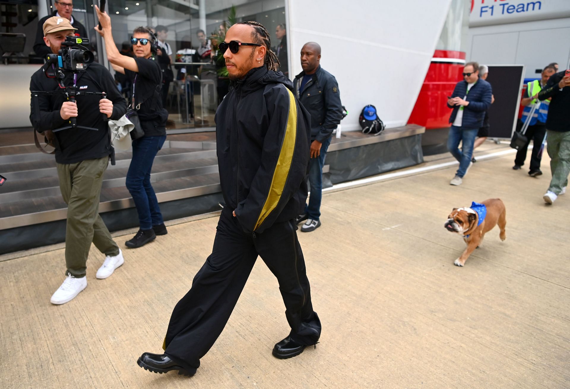 Lewis Hamilton in the Silverstone Paddock with his dog Roscoe in 2022. Source: Getty